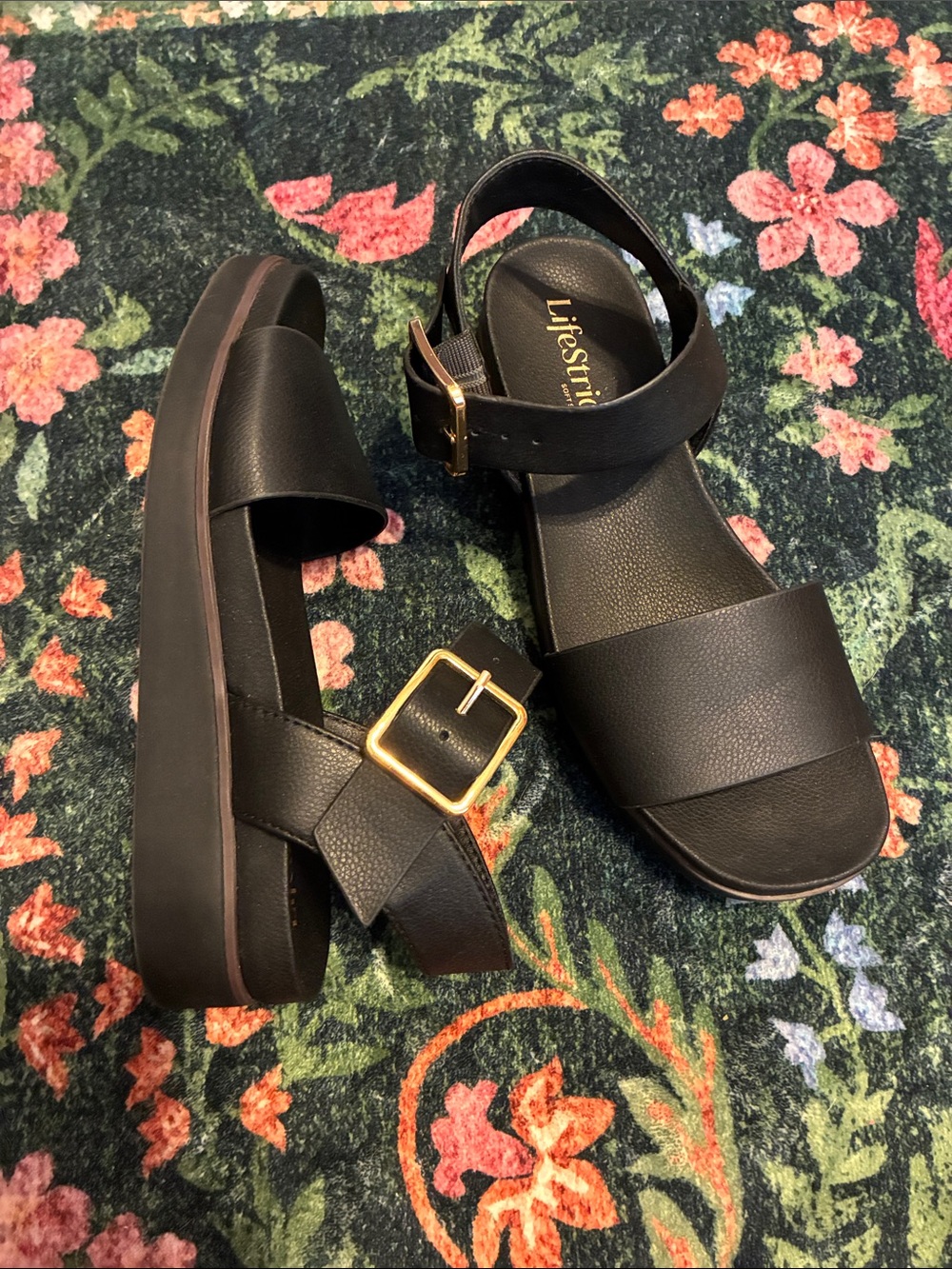 Lifestride Gillian - Black Platform Footbed Sandals with Gold Buckle